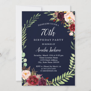 Invitation Couronne florale Bourgogne Navy 70e Anniversaire