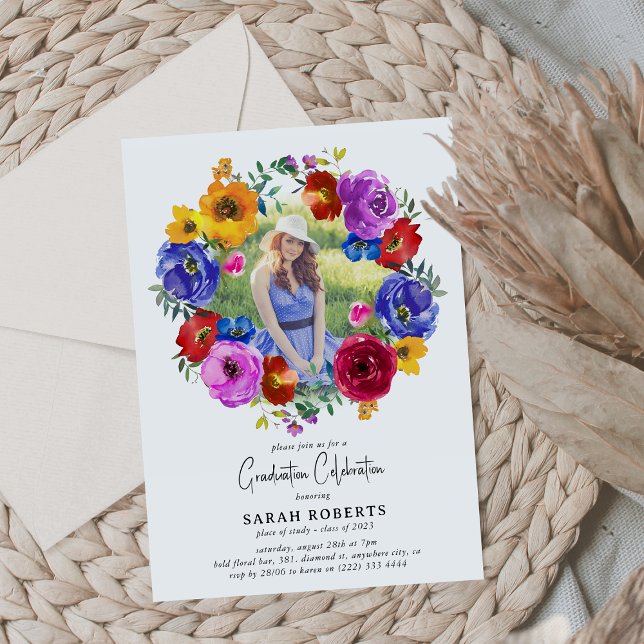 Invitation Couronne florale Bright & Bold pour photo de fête  (Créateur téléchargé)