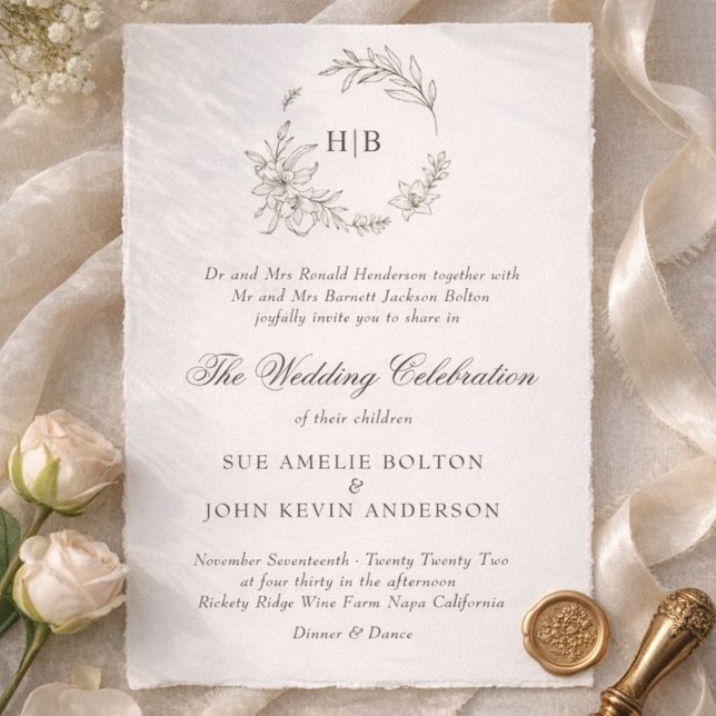 Invitation Couronne Florale Classique Monogramme Mariage (Créateur téléchargé)