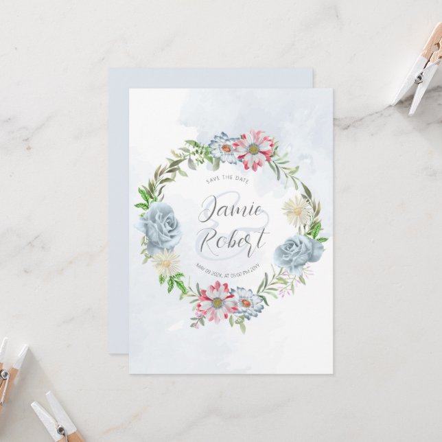 Invitation Couronne florale colorée Enregistrer la date (Devant/Arrière en situation)