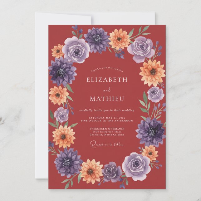 Invitation Couronne florale cramoisie de mariage (Devant)
