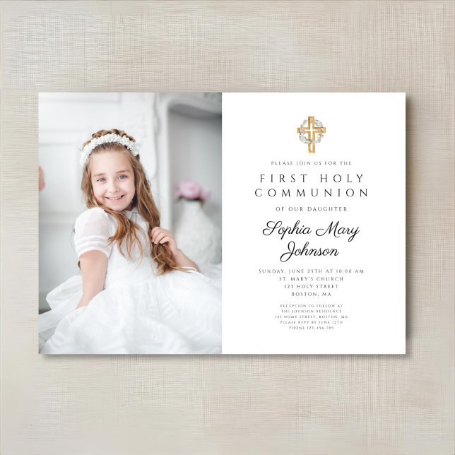 Invitation Couronne florale Croix Photo Fille Première Commun (Floral Wreath Cross Photo Girl First Communion Invitation)