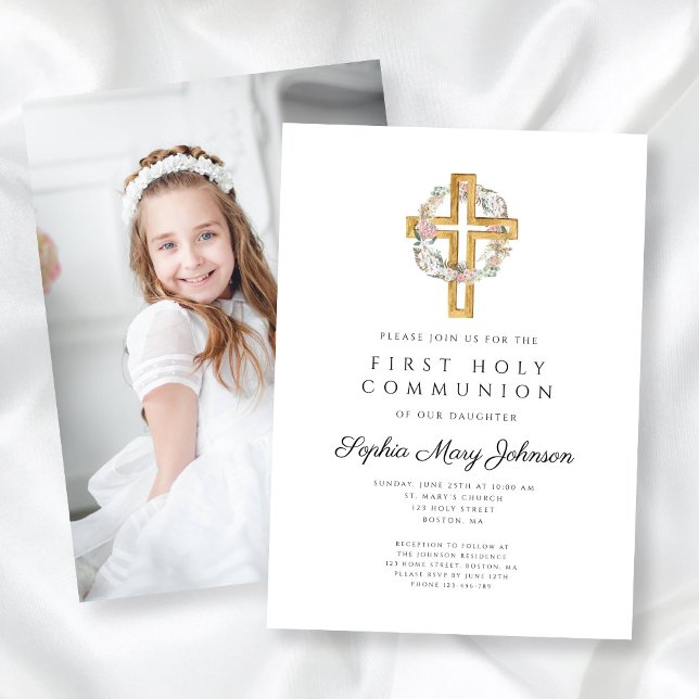 Invitation Couronne florale Croix Photo Fille Première Commun (Floral Wreath Cross Photo Girl First Communion Invitation)