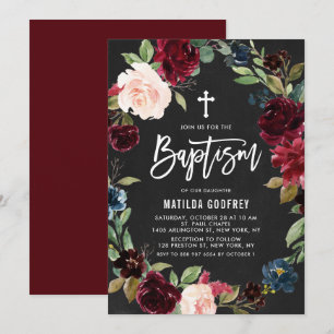 Invitation Couronne florale de baptême sur tableau noir Bohèm