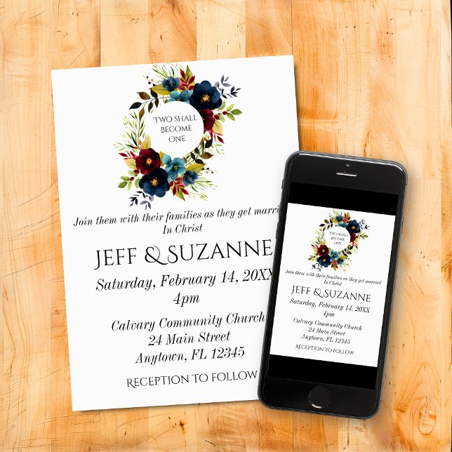 Invitation Couronne florale de Bourgogne bleue Deux deviendro (Blue Burgundy Floral Wreath Two Become One Christian Wedding Invitation)