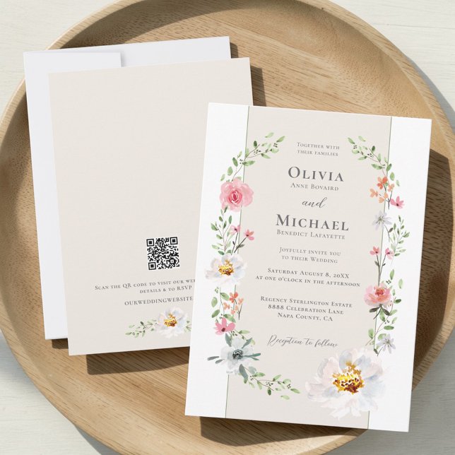 Invitation Couronne florale de jardin romantique Code QR Doma (Romantic garden wedding estate formal invitation with QR code website.)