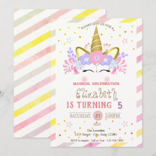 Invitation Couronne florale de la licorne, Anniversaire rayé