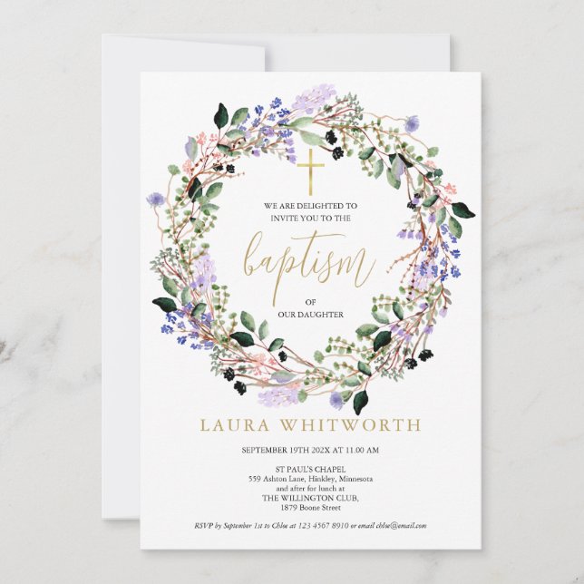 Invitation Couronne florale de lavande pour baptême (Devant)