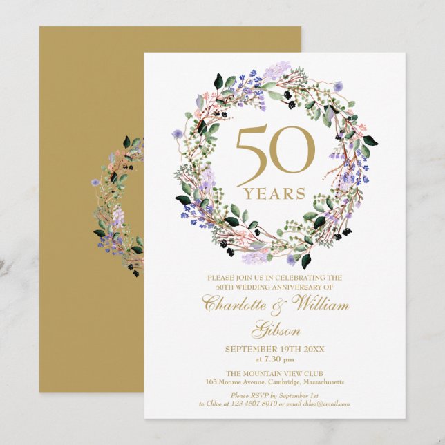Invitation Couronne florale de lavande pour le 50e anniversai (Devant / Derrière)
