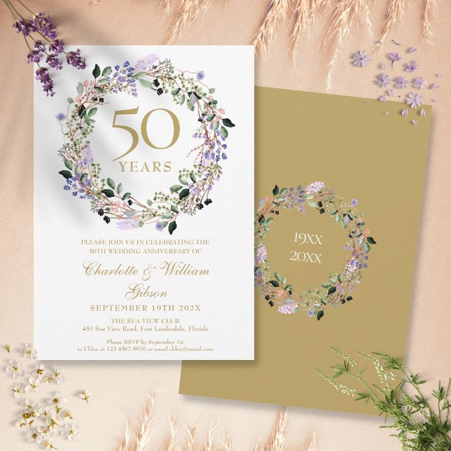 Invitation Couronne florale de lavande pour les 50 ans de mar (Lavender Floral Garland 50th Wedding Anniversary Invitation)