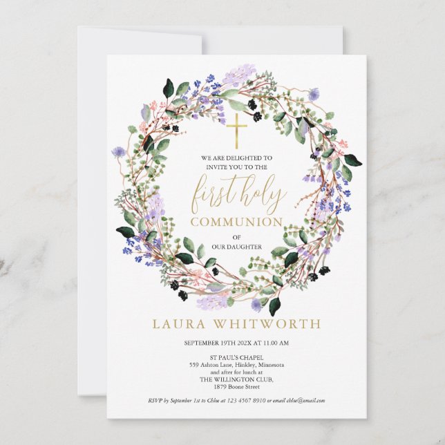 Invitation Couronne florale de lavande pour première communio (Devant)