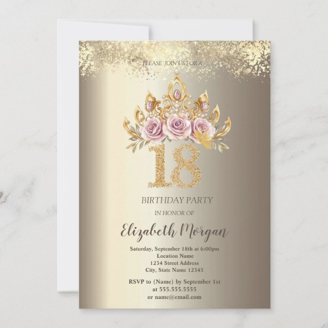 Invitation Couronne florale de luxe confettis dorés 18ème ann (Devant)