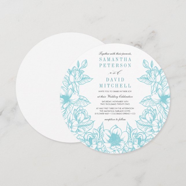 Invitation Couronne florale de Magnolia | bleu pâle | MARIAGE (Devant / Derrière)