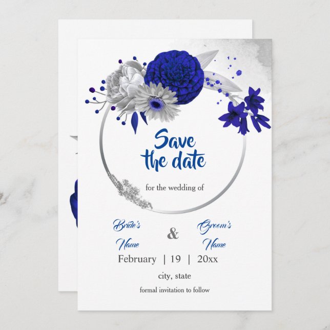 Invitation couronne florale de mariage bleu royal argentée sa (Devant / Derrière)
