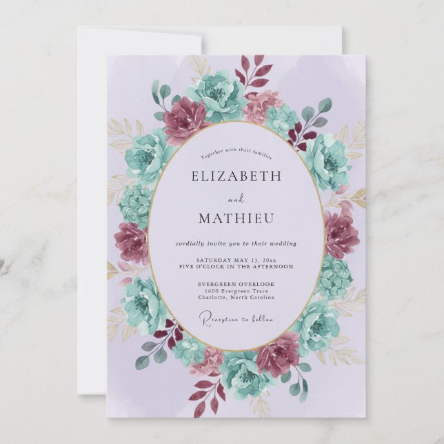 Invitation Couronne florale de mariage bordeaux sarcelle (Devant)