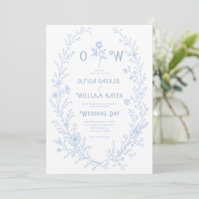 Invitation Couronne florale de mariage botanique bleu poussié (Debout devant)