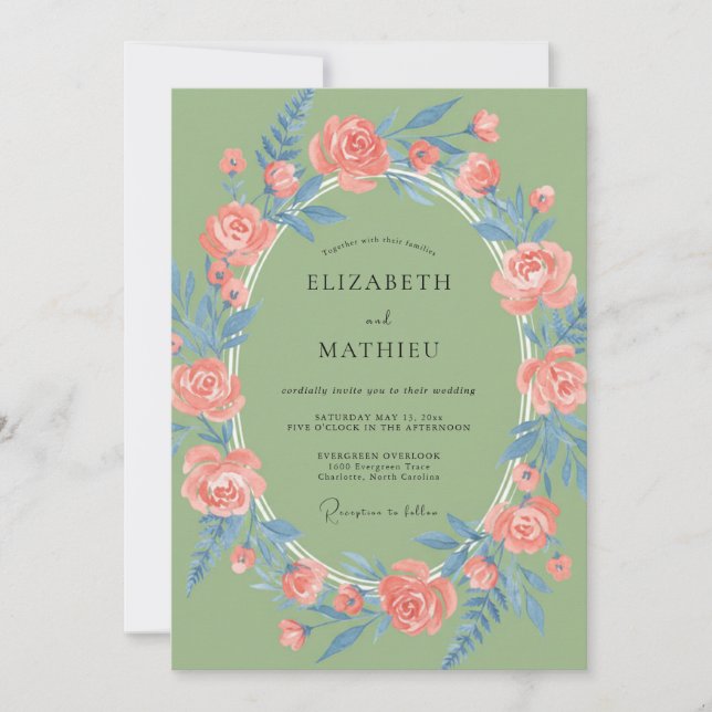 Invitation Couronne florale de mariage corail (Devant)
