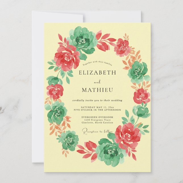 Invitation Couronne florale de mariage Corail Menthe (Devant)