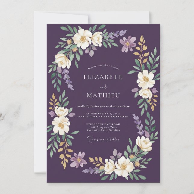 Invitation Couronne florale de mariage en prune profonde (Devant)