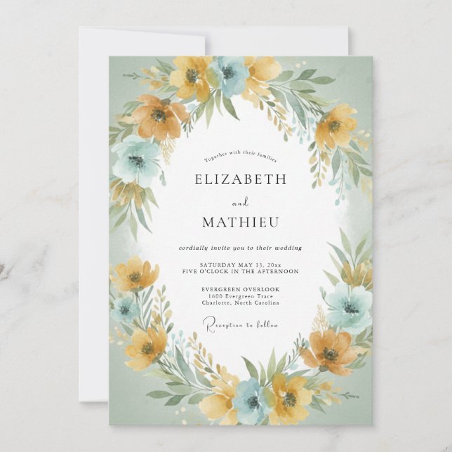 Invitation Couronne florale de mariage jaune sauge (Devant)