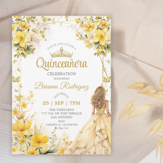 Invitation Couronne florale de papillon de Tiara jaune doré Q (Créateur téléchargé)