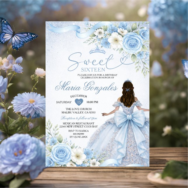 Invitation Couronne florale de princesse à ruban bleu poussié (Créateur téléchargé)