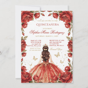 Invitation Couronne florale de princesse en or rouge Quinceañ
