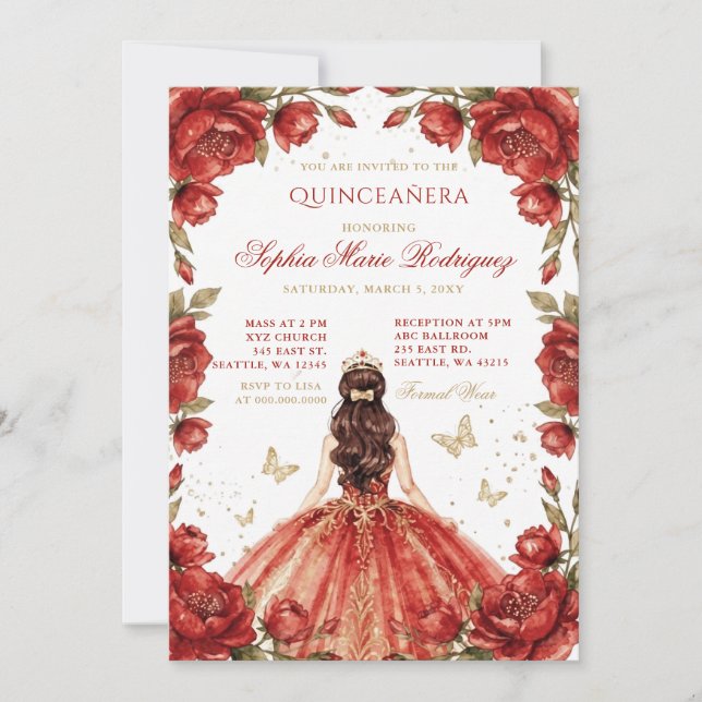 Invitation Couronne florale de princesse en or rouge Quinceañ (Devant)