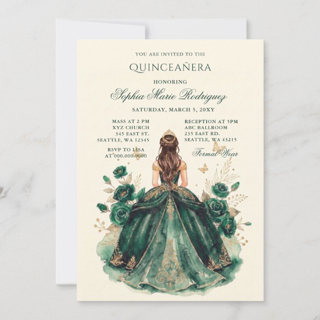 Invitation Couronne florale de princesse en or vert pour Quin (Devant)