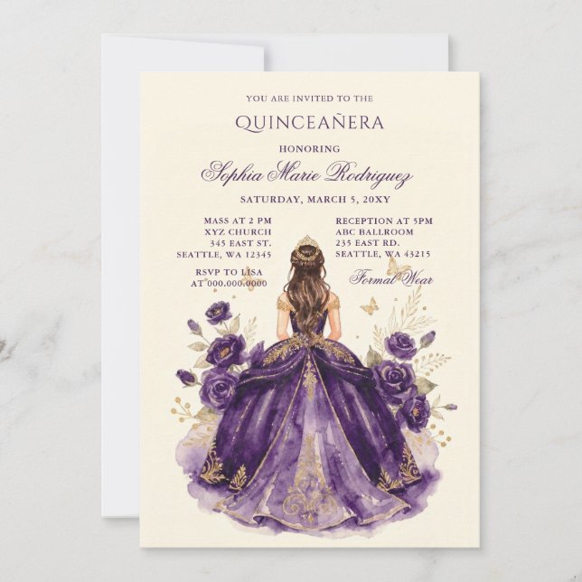 Invitation Couronne florale de princesse en or violet pour Qu (Devant)