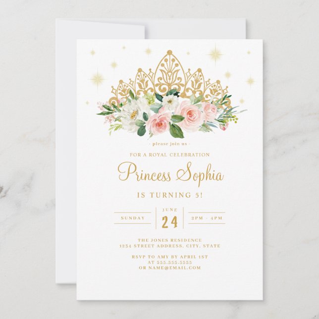 Invitation Couronne florale de princesse scintillante rose or (Devant)