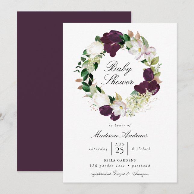 Invitation Couronne florale de prune foncée | Baby Shower (Devant / Derrière)