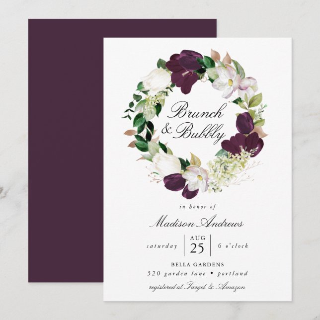 Invitation Couronne florale de prune foncée | Brunch et bulle (Devant / Derrière)