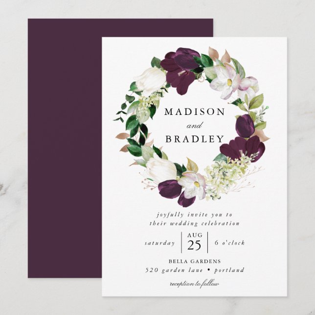 Invitation Couronne florale de prune foncée | Mariage (Devant / Derrière)