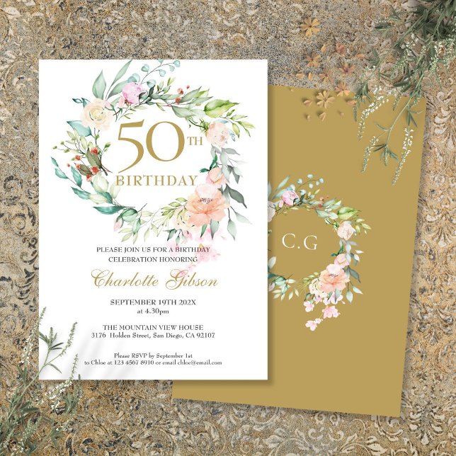 Invitation Couronne florale de roses Monogramme 50e anniversa (Roses Floral Garland Monogram 50th Birthday Invitation)