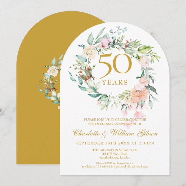 Invitation Couronne florale de roses pour les 50 ans de maria (Devant / Derrière)