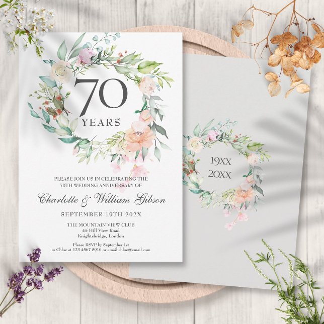 Invitation Couronne florale de roses pour les 70 ans de maria (Roses Floral Garland 70th Wedding Anniversary Invitation)