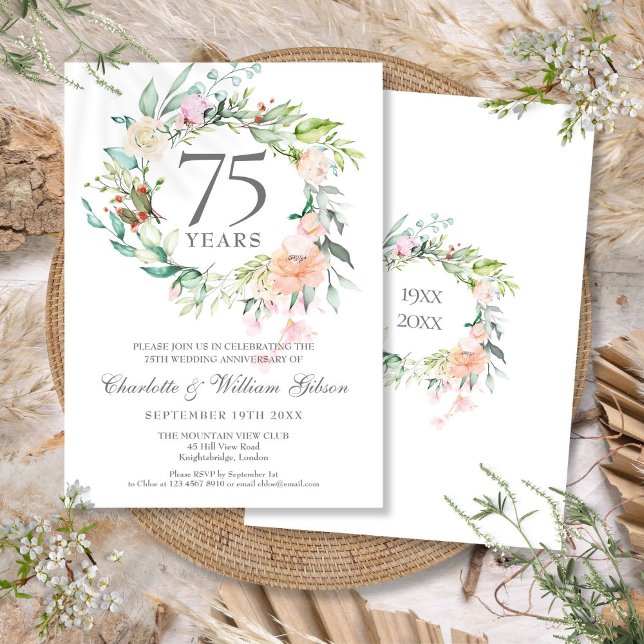 Invitation Couronne florale de roses pour les 75 ans de maria (Roses Floral Garland 75th Wedding Anniversary Invitation)