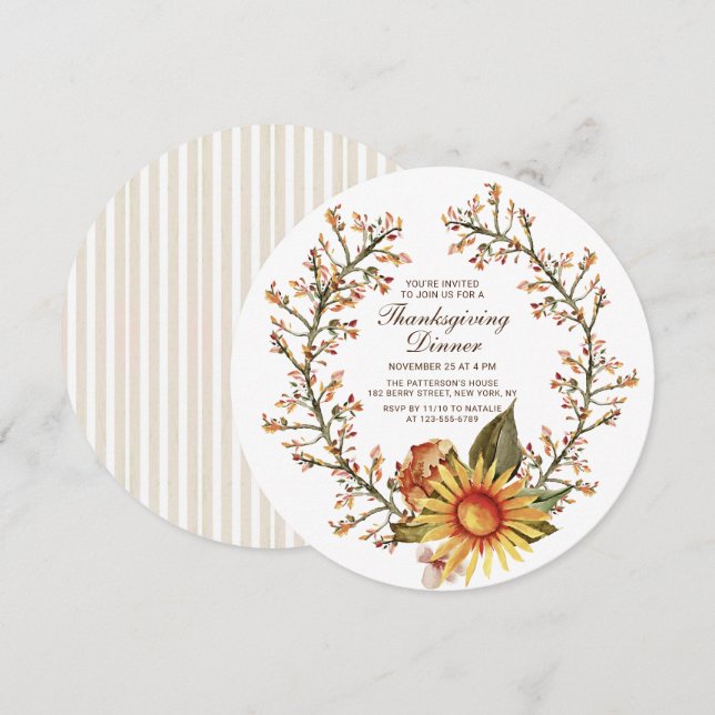 Invitation Couronne florale de tournesol rustique pour le dîn (Devant / Derrière)