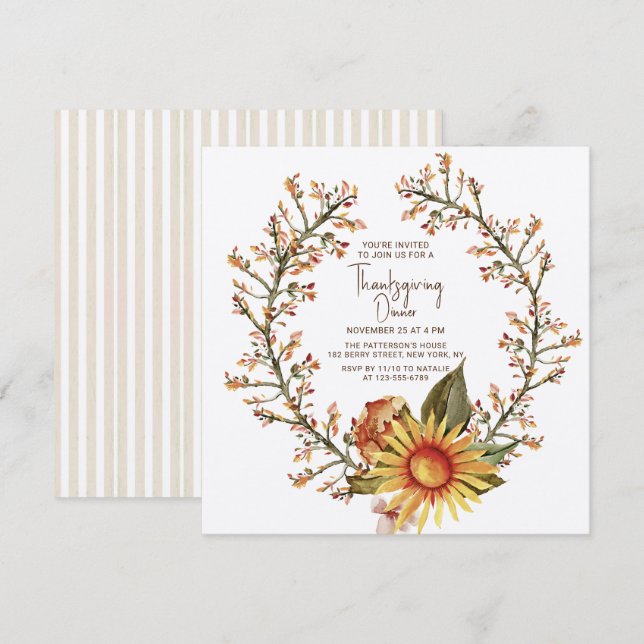 Invitation Couronne florale de tournesol rustique pour le dîn (Devant / Derrière)