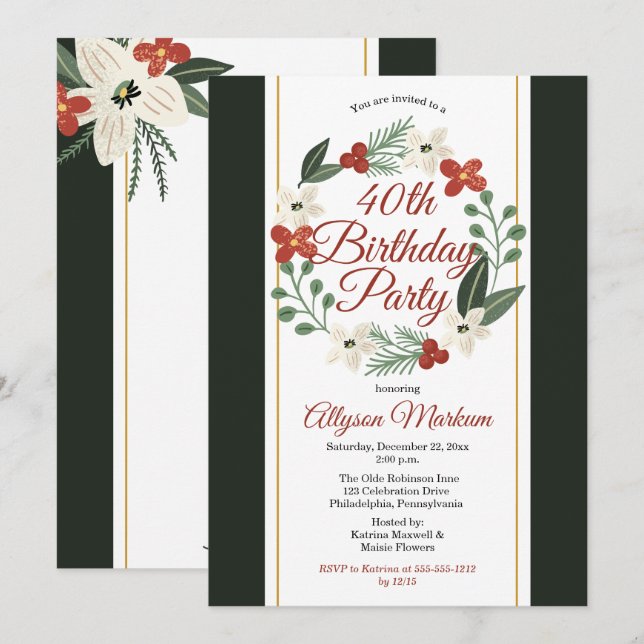 Invitation Couronne florale de vacances Fête d'anniversaire 4 (Devant / Derrière)