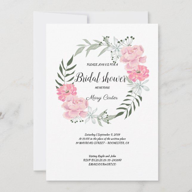 Invitation Couronne florale délicate, pivoines roses (Devant)