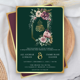 Invitation Couronne florale d'or pourpre Émeraude Mariage mus