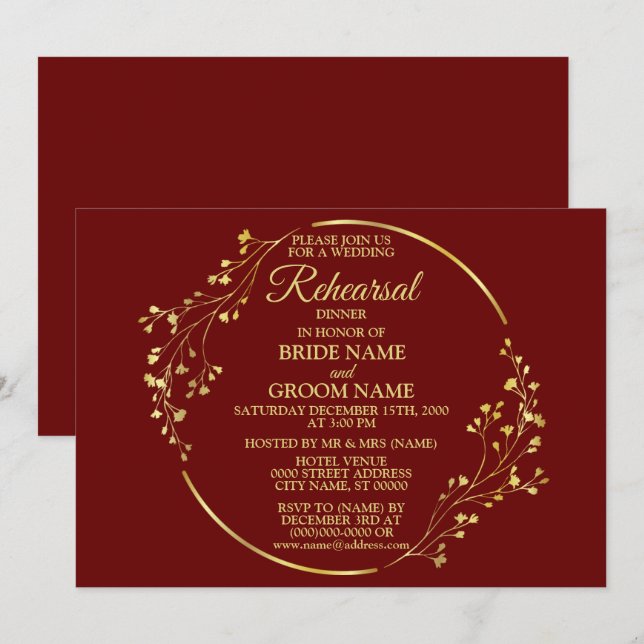 Invitation Couronne florale dorée pour dîner de répétition de (Devant / Derrière)