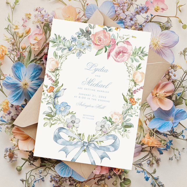 Invitation Couronne florale élégante avec monogramme | Mariag (Créateur téléchargé)