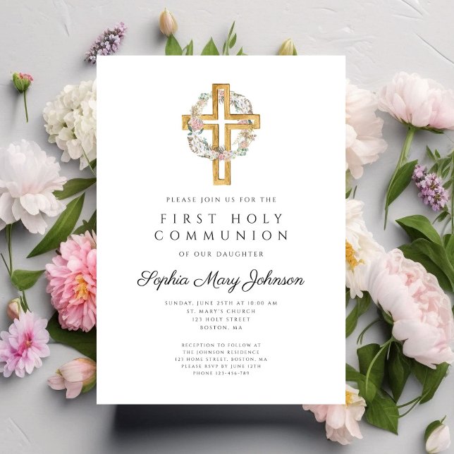Invitation Couronne florale élégante Croix Première communion (Elegant Floral Wreath Cross Girl First Communion Invitation)