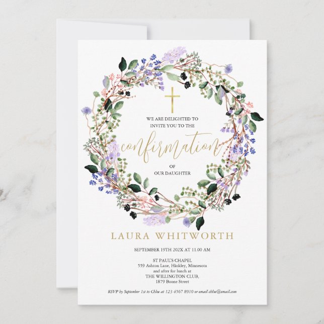 Invitation Couronne florale élégante de lavande pour confirma (Devant)