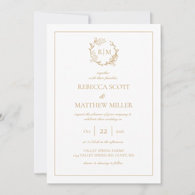 Invitation Couronne Florale Élégante Monogramme Mariage (Devant)