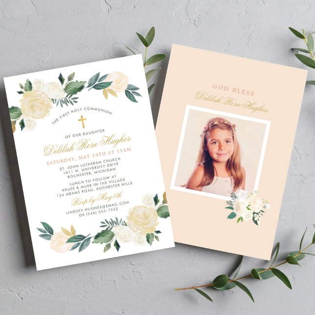 Invitation Couronne florale élégante pour la première communi (Créateur téléchargé)