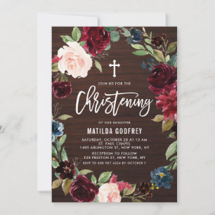 Invitation Couronne florale en bois rustique bordeaux pour ba